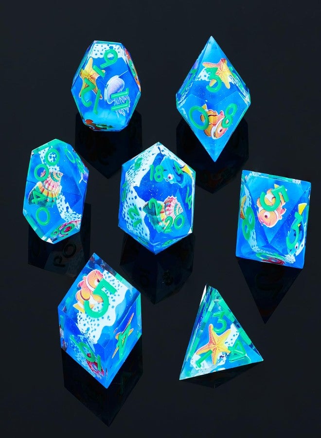 UBEUCK DND Dice Set 7-Pcs Sharp Edge Blue Marine Life Style Resin Dice Polyhedron Resin Sharp Edge dice Role-Playing Game RPG MTG Board Game (Marine Life - Green) - Image 2